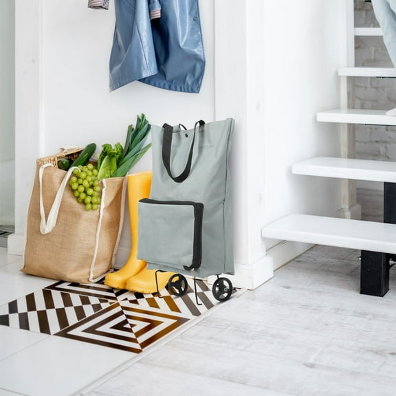 IBASETOY Foldable Shopping Bag with Wheels Grey Large Capacity Straps for Storage Travel and Daily Use