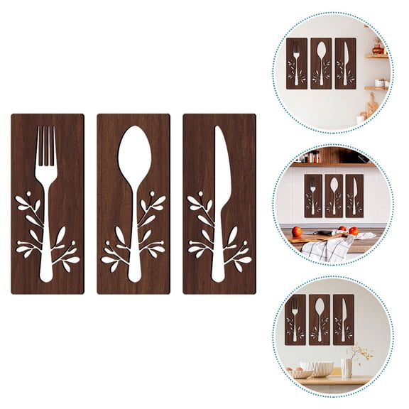 IBASETOY 1Set Wooden Fork Spoon Cutter Cutout Wall Decor Brown Rustic Wood for Dining Room