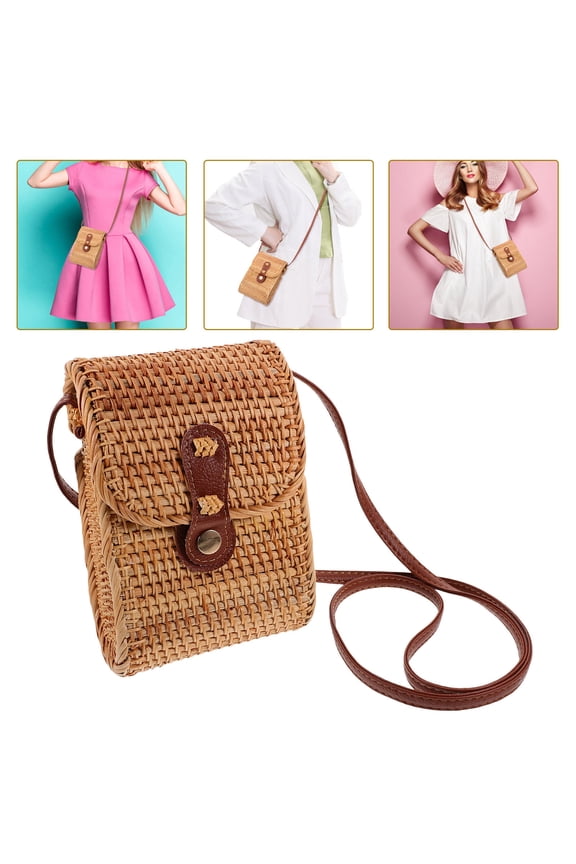 Woven Crossbody Sling Bag 1Set Rattan Shoulder Bag for Women with Clamshell Shape in Brown and Light Brown
