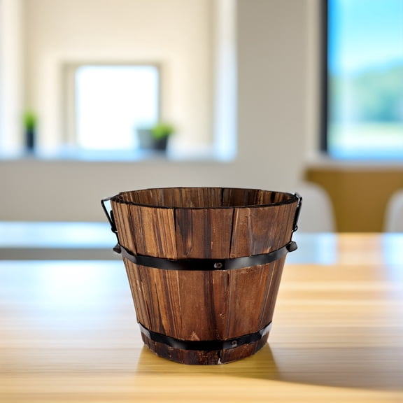 IBASETOY Pot Wooden Round Barrel Planter Resin Brown 1Set Permeable Bottom Hole Breathable Prevent Root Rot 7.1*5*5.9in