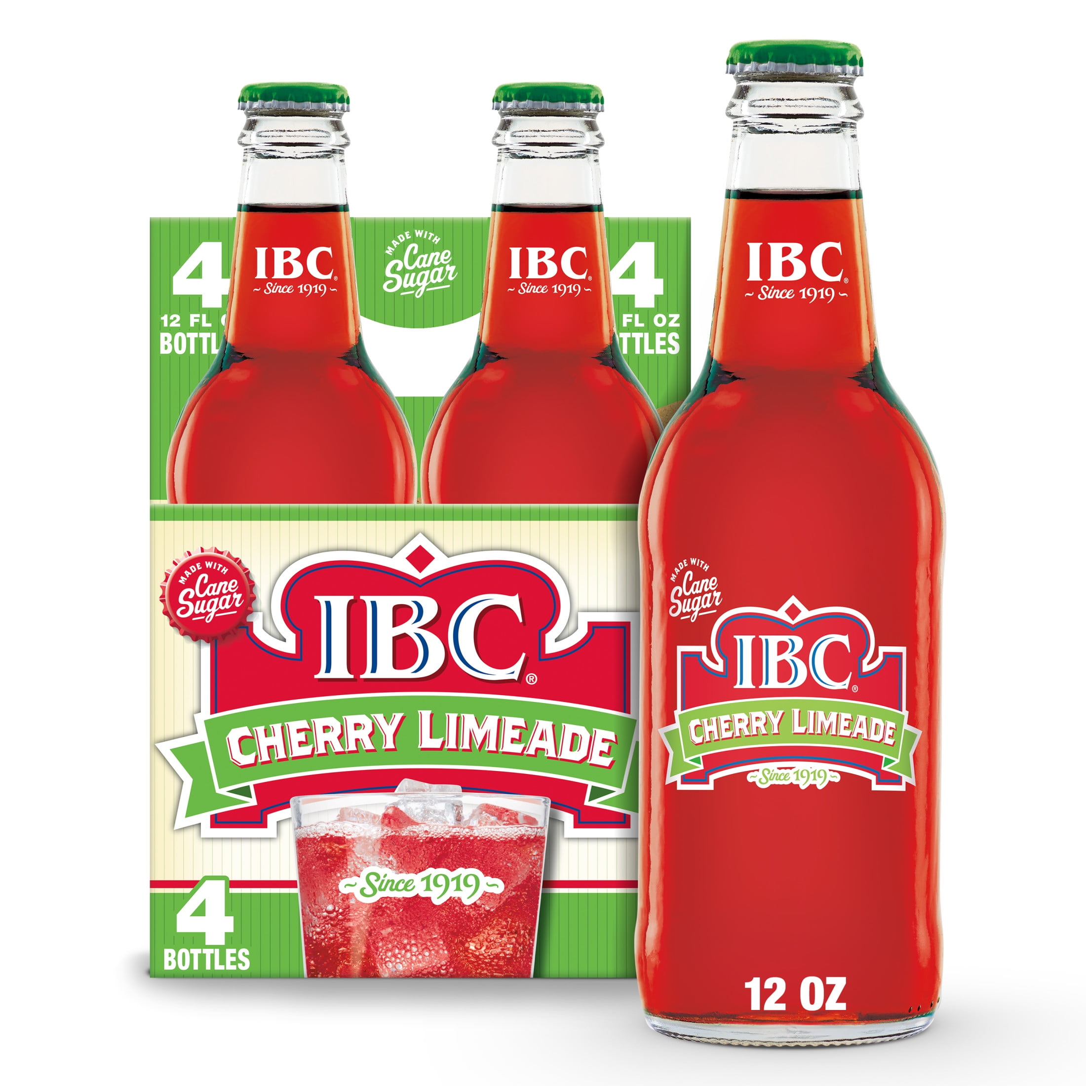 IBC Cherry Limeade Made with Sugar Soda, 12 fl oz, 4 Pack Glass Bottles