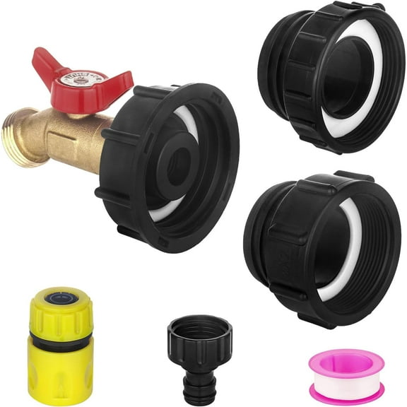 IBC Tote Adapter 275-330 Gallon IBC Bag Tank Fittings 1/2in Solid Brass Water Shut-Off Valve Faucet with 2'' Coarse Thread Adapter+2''and 2.44" Fine Thread Adapter+ Garden Hose Quick Connector