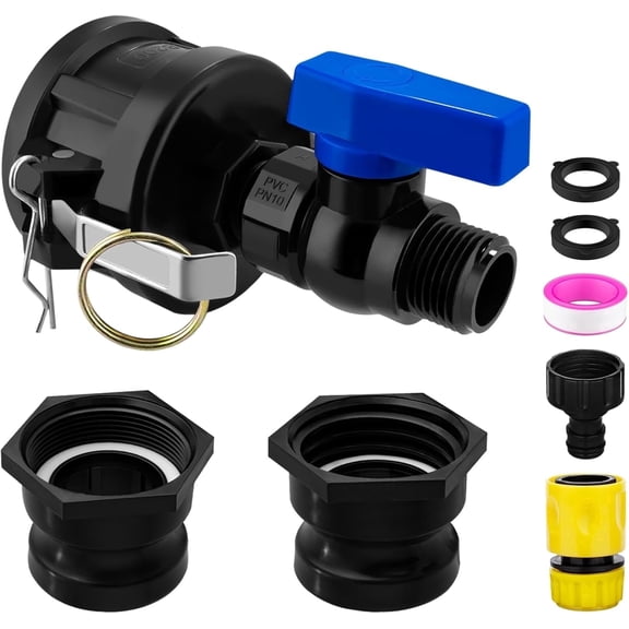 IBC Tote Ball Valve Hose Adapter, Quick Connect Water Tank Valve Kit with Locking Clip, Garden Hose Connection, Includes Fittings and Sealing Tape