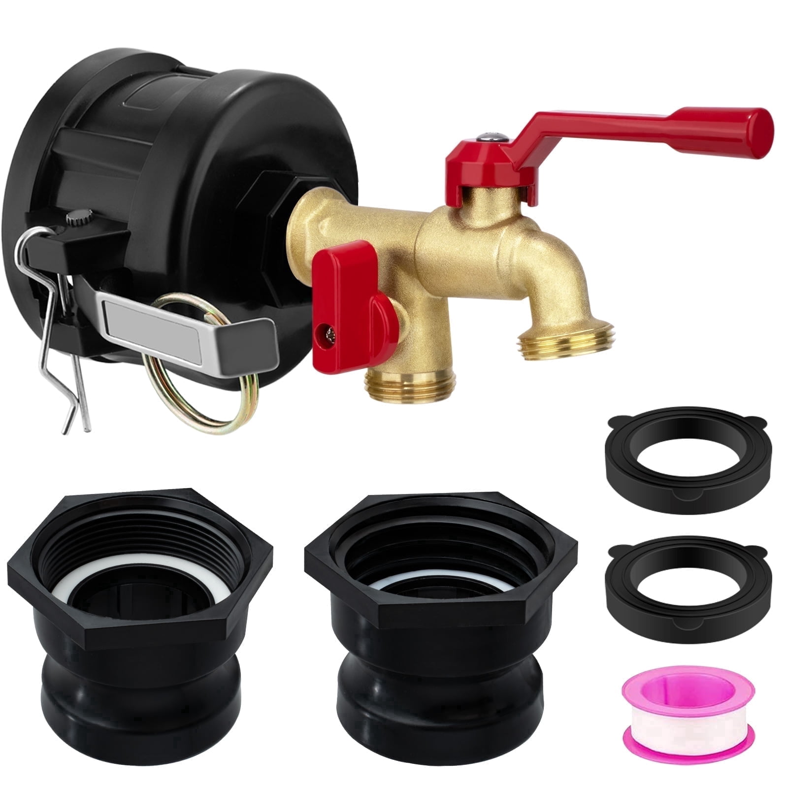 IBC Tote Hose Adapter Camlock Fitting Kit, Brass Dual Outlet Garden Hose Valve, Fits 2.44" Fine 2" NPS S60X6 Threads for Water Tank Irrigation