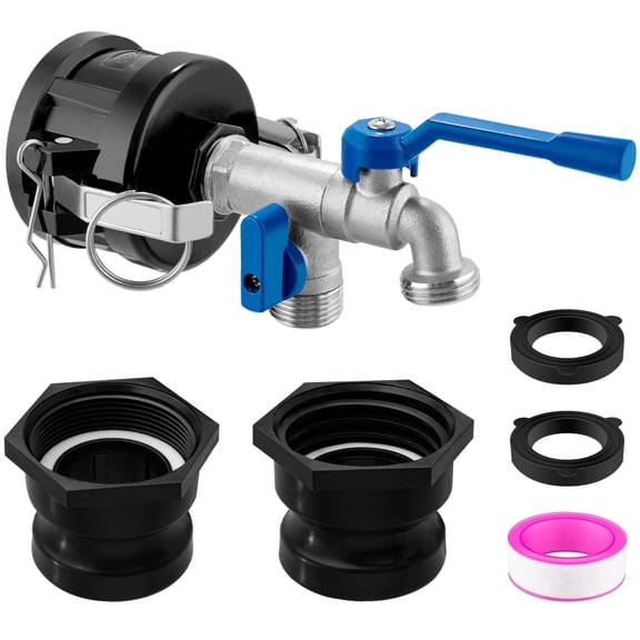 IBC Tote Valve Adapter Kit, 304 Stainless Steel Dual Outlet Faucet, S60X6 Coarse & 2" NPS Fine Thread Adapters, Tool-Free Install for IBC Containers, Garden Hose Compatible