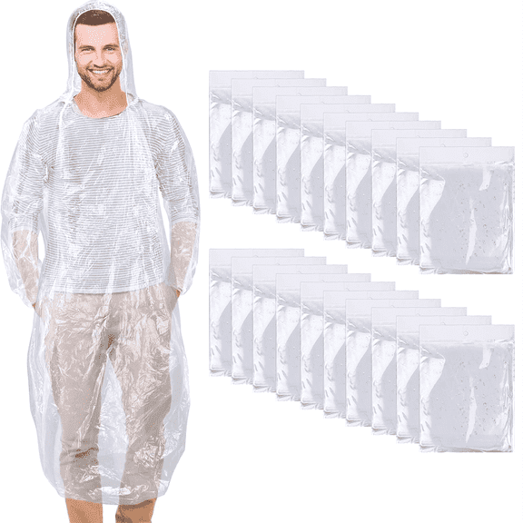 XKDOUS 20 Pack Disposable Rain Ponchos for Adults, Ponchos Family Pack with Drawstring Hood, Portable Rain Poncho for Women and Men,Clear Travel Rain Poncho for Outdoor, Daily Use