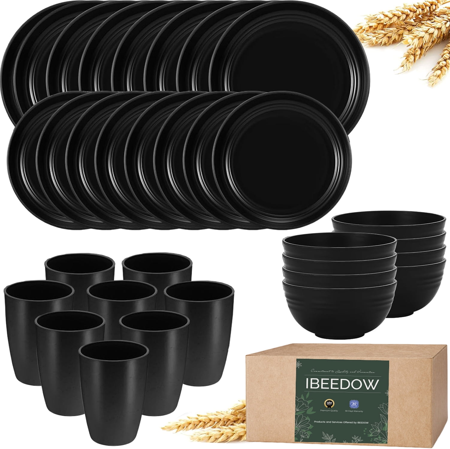 IBEEDOW 32pcs Wheat Straw Dinnerware Sets, Plastic Plates and Bowls Sets, Dinner Plates Set, Pasta Bowls, Cereal Bowls, Dishwasher Microwave Safe Plates and Bowls Sets, Kitchen Dishes Set