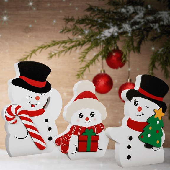IBEEDOW 3PCS Christmas Snowman Decorations Indoor, Christmas Wooden Tiered Tray Decorations, Winter Table Decor for Xmas Table, Home, Office Shelf Holiday Party