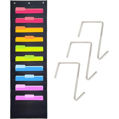 IBEEDOW Wall Hanging File Organizer with 10 Pockets, Wall File Organizer with 2 Metal Hooks, File Folder Organizer, Pocket Chart for File Folder and Paper