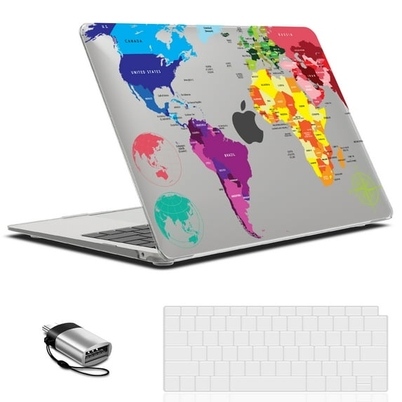 IBENZER Compatible with 2022 2021 2020 MacBook Air 13 inch Case M1 A2337 A2179 A1932, Hard Shell Case & Keyboard Cover & Type-C Adapter for Mac Air 13 (2018-2022), Map, AT13-MAP+1TC