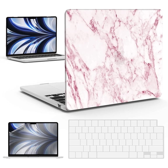 IBENZER Compatible with 2025 2024 2023 2022 MacBook Air 13 inch Case M4 A3240 M3 A3113 M2 A2681, Hard Shell Case with Keyboard Cover & Screen Film for Mac Air 13.6", Pink Marble, W-MAT13-KK-PKMB+2