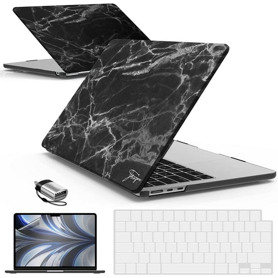 IBENZER Compatible with 2025 2024 2023 2022 MacBook Air 13 inch case M4 A3240 M3 A3113 M2 A2681, Hard Shell Case & Keyboard Cover & Screen Film & Type-C Adapter for Mac Air 13.6, Black Marble