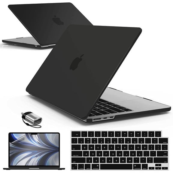IBENZER Compatible with 2025 2024 2023 MacBook Air 15 inch case M4 A3241 M3 A3113 M2 A2941, Hard Shell Case & Keyboard Cover & Screen Protector & Type-C Adapter for Mac Air 15.3", Black