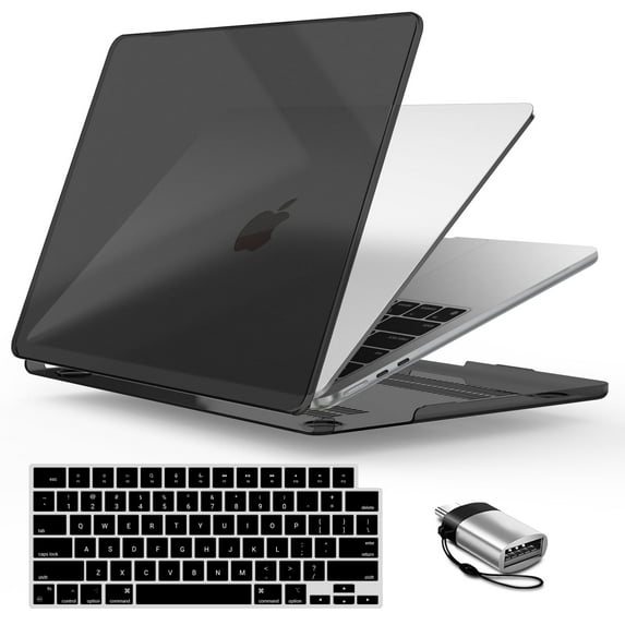 IBENZER Compatible with New 2025 2024 2023 MacBook Air 15 inch case M4 A3241 M3 A3113 M2 A2941, Hard Shell Case & Keyboard Cover & Type-C Adapter for Mac Air 15.3", Crystal Black, W-AT15-CYBK+1TC