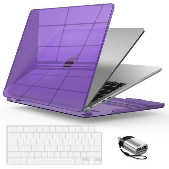 IBENZER Compatible with New 2025 2024 2023 MacBook Air 15 inch case M4 A3241 M3 A3113 M2 A2941, Hard Shell Case & Keyboard Cover & Type-C Adapter for Mac Air 15.3", Crystal Purple, W-AT15-CYPU+1TC