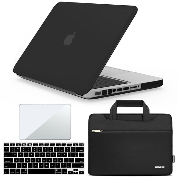 IBENZER Hard Shell Case for MacBook Pro 13 Inch A1278 2012-2008, Hard Shell Case with Bag & Keyboard Cover & Screen Protector for Old Version Mac Pro 13 CD-ROM, Black, W-MP13-BK+3SP