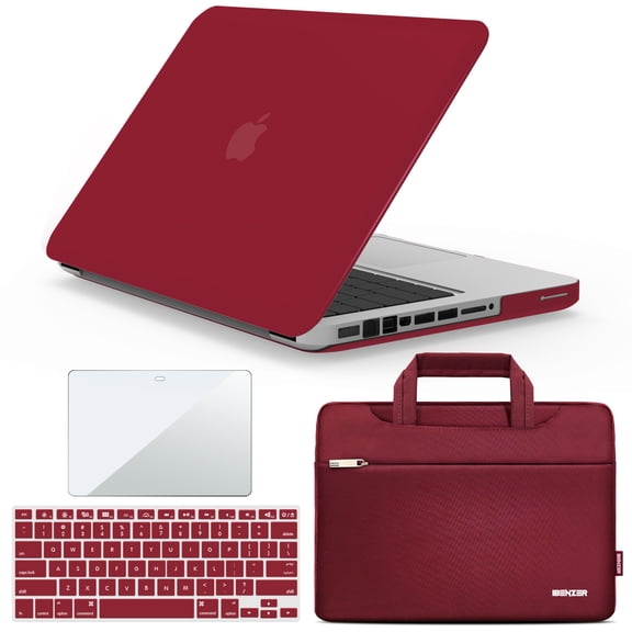 IBENZER Hard Shell Case for MacBook Pro 13 Inch A1278 2012-2008, Hard Shell Case with Bag & Keyboard Cover & Screen Protector for Old Version Mac Pro 13 CD-ROM, Wine Red, W-MP13-WR+3SP