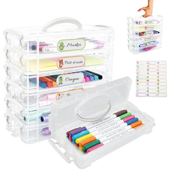 IBEQUEM 6-Tier Plastic Storage Bin with Lid and Handle, Clear Storage Box Containers with Sticker, Stackable Storage Container, Pencil Case Stationery Organizer Office Supplies Craft Organization