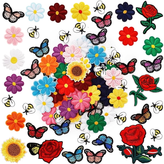 IBEQUEM 72 Pcs Embroidered Iron on Patch, Butterfly Bee Daisy Flower Rose Iron on Patches Set,Sew on Patch Applique for Clothes, Hat, Jeans,Diy