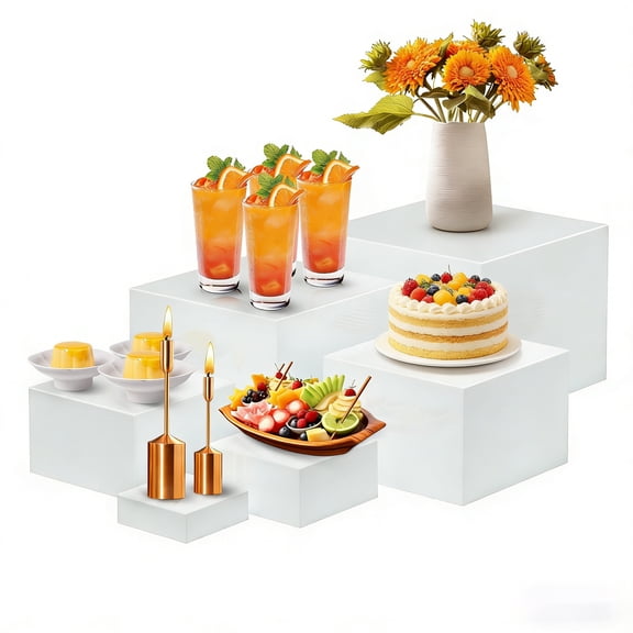 IBEQUEM Buffet Risers Set of 6, Acrylic Food Risers for Buffet Table, White Display Stand Set with Hollow Bottoms, Cube Boxes for Cake Catering Dessert Party (3",4",5", 6",7",8'')