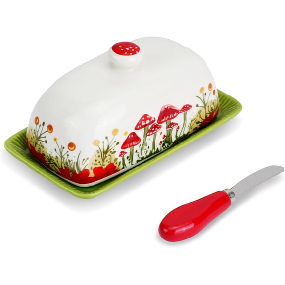 IBEQUEM Ceramic Butter Dish with Lid, Mushroom Butter Dish, Sunflower Butter Keeper Holder, Butter Plate Tray for Kitchen Countertop Container, Butter Crock Keeper Saver Dish Covered