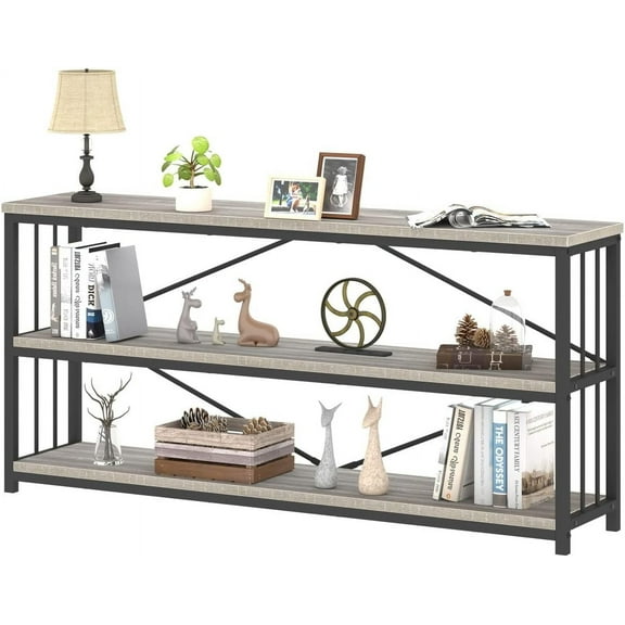 IBF Low Long Horizontal Bookshelf, Industrial Modern 3 Tier Etagere Bookcase, Large Wide Open Rustic Metal and Wood Grey Book Shelf for Bedroom Living Room Home Office Storage, Light