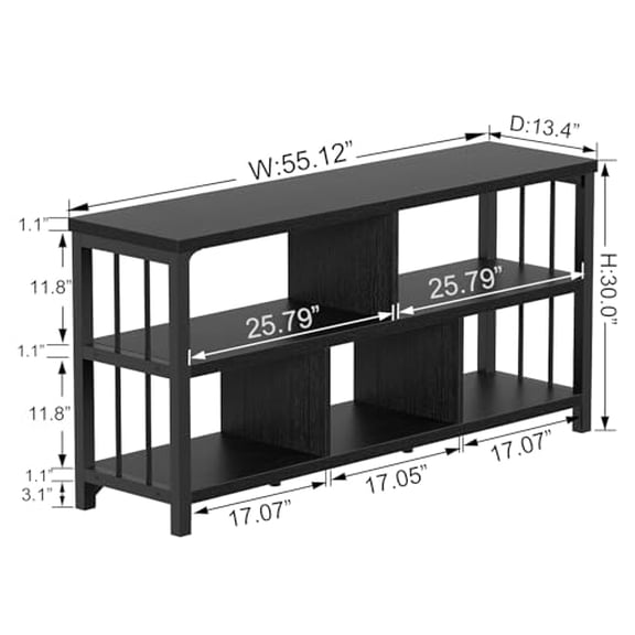 IBF 55 Black Bookshelf, Industrial Open Horizontal Cube Book Shelf, Low Wide Home 5 Cube Storage Organizer Long Shelf for Bedroom, Wood and Metal Cubby Bookcase for Living Room, B