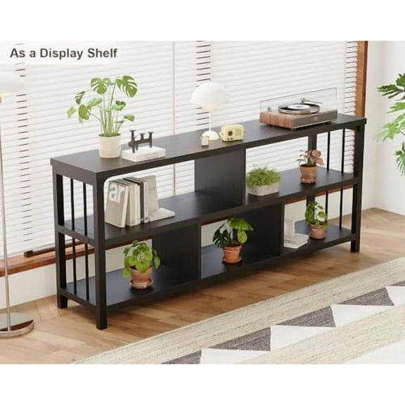 IBF 63 Black Bookshelf, Industrial Long Open Horizontal Cube Book Shelf, Low Wide Home 5 Cube Storage Organizer Shelf for Bedroom, Wood and Metal Cubby Bookcase for Living Room, B