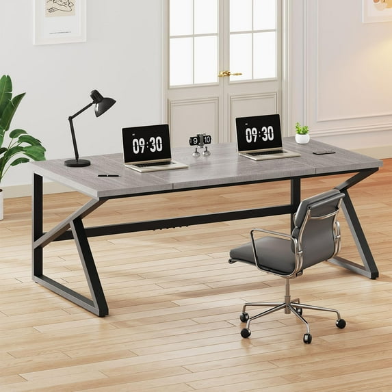 IBF 70 Inch Large Home Office Desk, Long Executive Work Writing Study Computer Table, Farmhouse Big Metal Wood Double Desk for Bedroom Living Room, Rustic Dual Monitor Desk, Light Grey