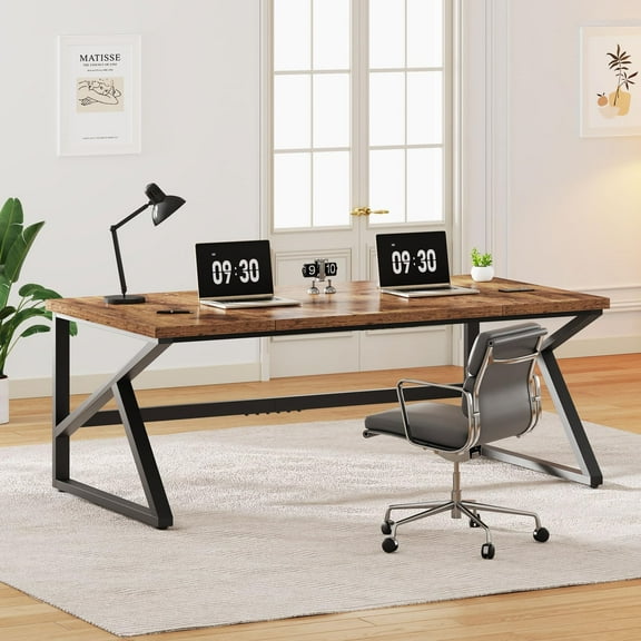 IBF 70 Inch Rustic Brown Desk, Large Metal Wood Double Computer Desk, Long Home Office Desks Table for 2 People Executive Work Writing Study Gaming, Farmhouse Big Two Person Desk in Bedroom