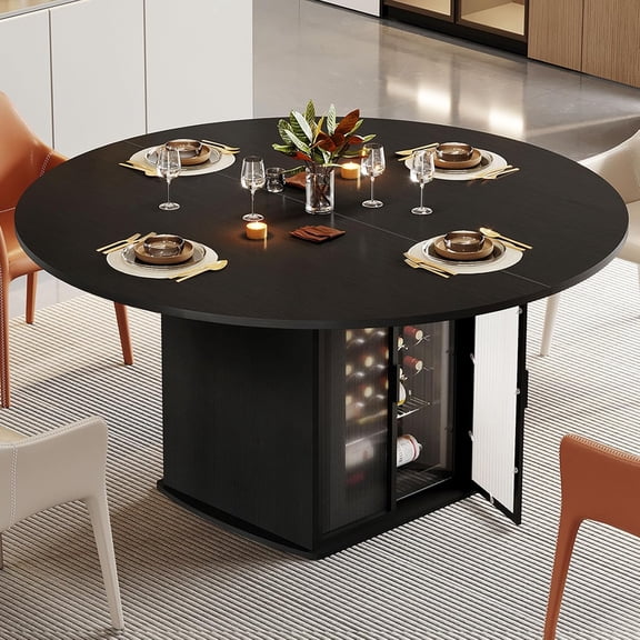 IBF Black Round Dining Table for 4-6, 47" Kitchen Table with Fridge Space, Modern Dining Room Tables with Storage,  Wood Dinner Tables for Home Kitchen Living Room, Black Oak, Only Table
