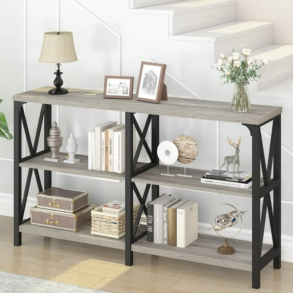 IBF Farmhouse Entryway Table, Wood TV Console Table, Long Rustic Metal Sofa Table, Industrial Hallway Table with Storage Shelves, Modern Foyer Tables for Front Entry Way, White and Rustic Oak, 55 in