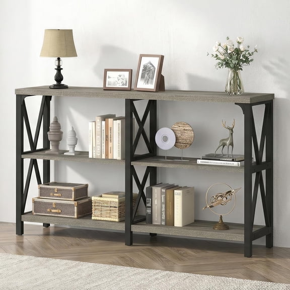 IBF Farmhouse Entryway Table, Wood TV Console Table, Long Rustic Metal Sofa Table, Industrial Hallway Table with Storage Shelves, Modern Foyer Tables for Front Entry Way, White and Rustic Oak, 55 in