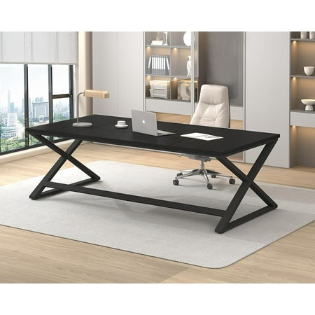 IBF Large Black Computer Desk, 70.8” Long Writing Desk for Home Office, Modern Simple Executive Work Study Desk for Two Person, Wood Double PC Gaming Workstation Computer Table for Bedroom, Black Oak