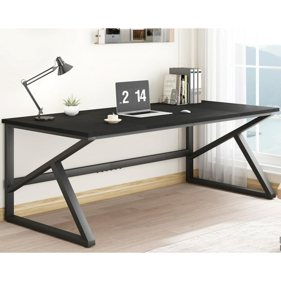 IBF Long Black Computer Desk, Large Executive Office Desk for 2 People Work Writing Study, 70 Inch Industrial Metal Wood Dual Monitor Desk Workstation, Modern Simple Double PC Gaming Table in Bedroom