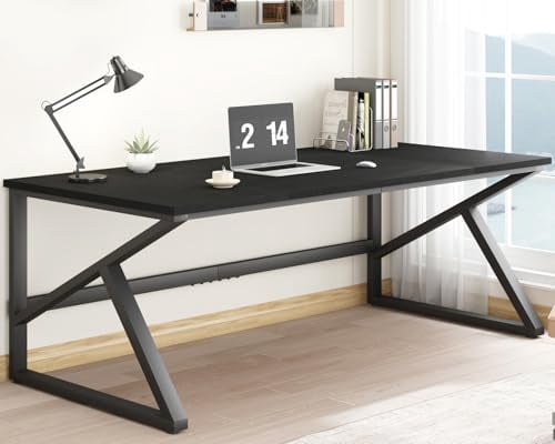 IBF Long Black Computer Desk, Large Executive Office Desk for 2 People Work Writing Study, 70 Inch  Metal Wood Dual Monitor Desk Workstation, Modern Simple Double PC Gami