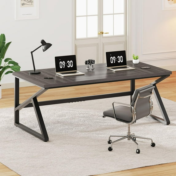 IBF Long Desks for Home Office, Large Metal Wooden Computer Desk for 2 Monitors, 70 Inch Two Person Desk for Executive Work Writing Study Gaming, Modern Big Double Desk, Dark Gray Oak