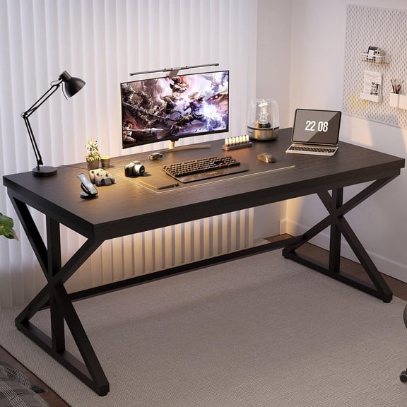 IBF Modern Black Computer Desk, Long Home Office Desk for Writing Study, Large Simple Wood Metal Work Desk in Bedroom, Big Pc Gaming Workstation Executive Computer Table, Black Oak, 60 Inch