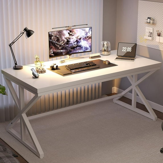IBF Modern White Computer Desk, Industrial Long Home Office Desk for Student, Large Metal Wood Writing Study Work Desks, Farmhouse Executive Gaming Computer Table for Bedroom Living Room