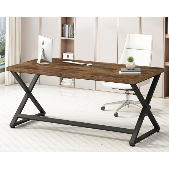 IBF Rustic Computer Desk, Farmhouse 60 inch Home Office Desk,  Wood Metal Work Desk for Writing Study, Vintage Minimalist Executive Workstation PC Gaming Table in Bedroom, Rustic Brown