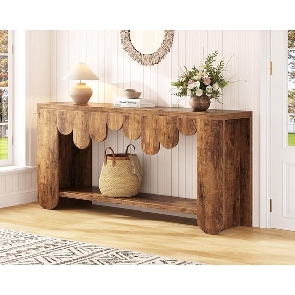 Hanyu Rustic Long Console Table, 63” Farmhouse Entryway Table with Storage, 2-Tier Wood Rectangular Sofa Table Behind Couch, Modern Table for Hallway Entrance Foyer Home Living Room, Rustic Brown
