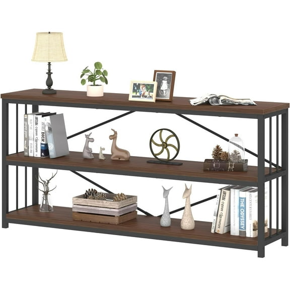IBF Walnut Low Wide Bookcase, Vintage 63 Inch Long 3 Tier Open Book Shelf, Farmhouse Big Wood Metal Sturdy Bookshelf Display Case, Simple Large Etagere Bookshelves for Home Living Room Office Bedroom