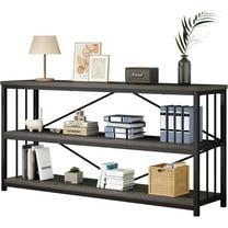 IBF Wood and Metal Book Shelf, Industrial Rustic Low 3 Tier Bookshelf, Farmhouse Long Wide Vintage Horizontal Bookcase, Modern Large Open Etagere for Home Office Living Room Bedroom