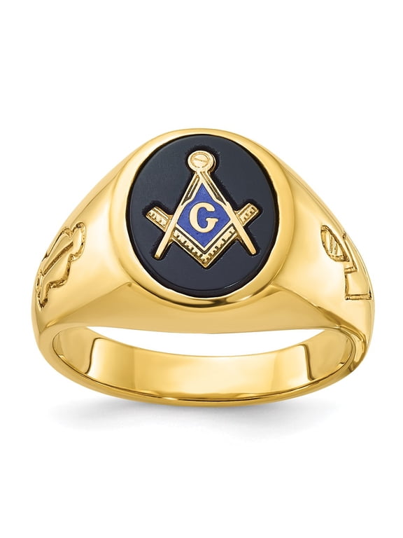 10k Men's Polished and Grooved with Oval Onyx Blue Lodge Master Masonic Ring