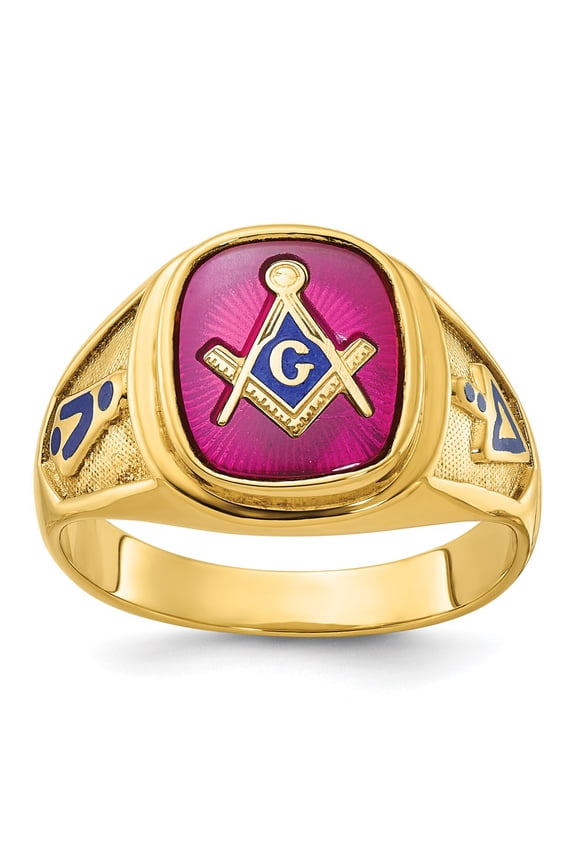 10k Men's Polished and Textured with Blue Enamel and Lab Created Ruby Blue Lodge Master Masonic Ring
