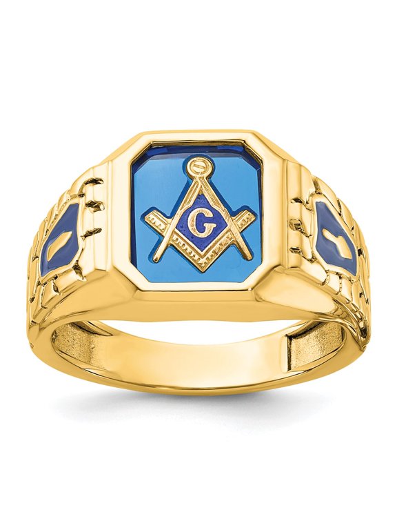 IBGoodman 10k Men's Polished and Textured with Blue Enamel and Lab Created Sapphire Blue Lodge Master Masonic Ring