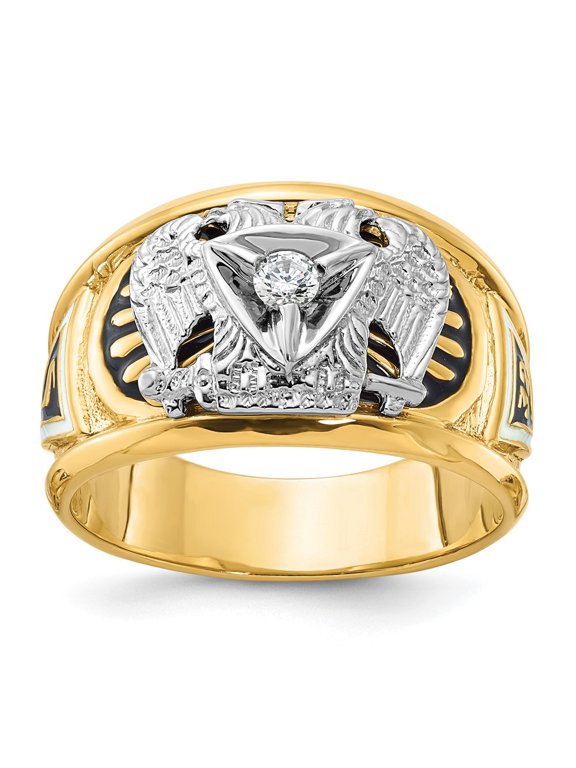 10k Two-tone Men's Polished and Textured with Black and White Enameled and Diamond 32nd Degree Scottish Rite Masonic Ring