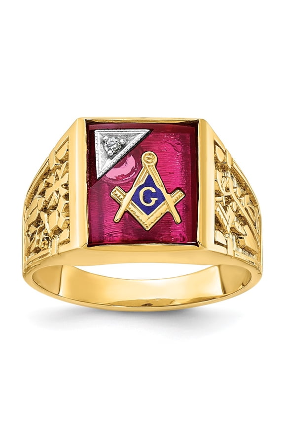 10k Two-tone Men's Polished and Textured with Lab Created Ruby and Diamond Blue Lodge Master Masonic Ring