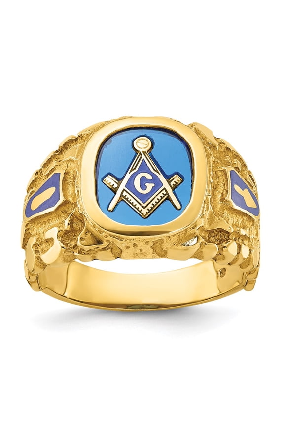 14k Men's Polished and Nugget Textured with Blue Enamel and Lab Created Sapphire Blue Lodge Master Masonic Ring