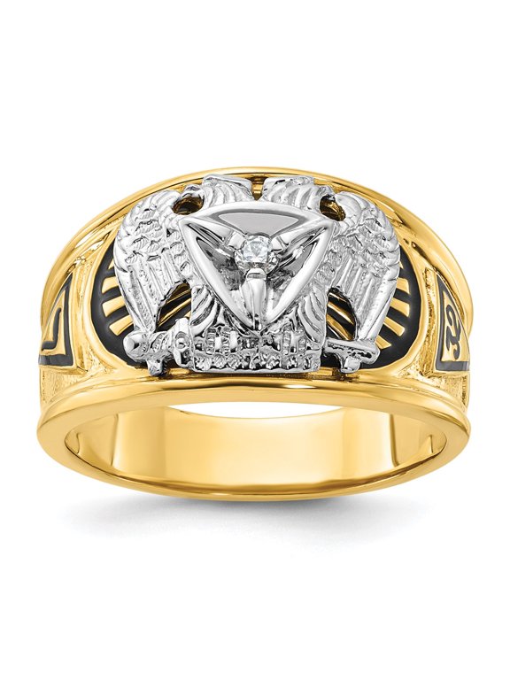 14k Two-tone Men's Polished and Textured with Black Enamel and Diamond 32nd Degree Scottish Rite Masonic Ring